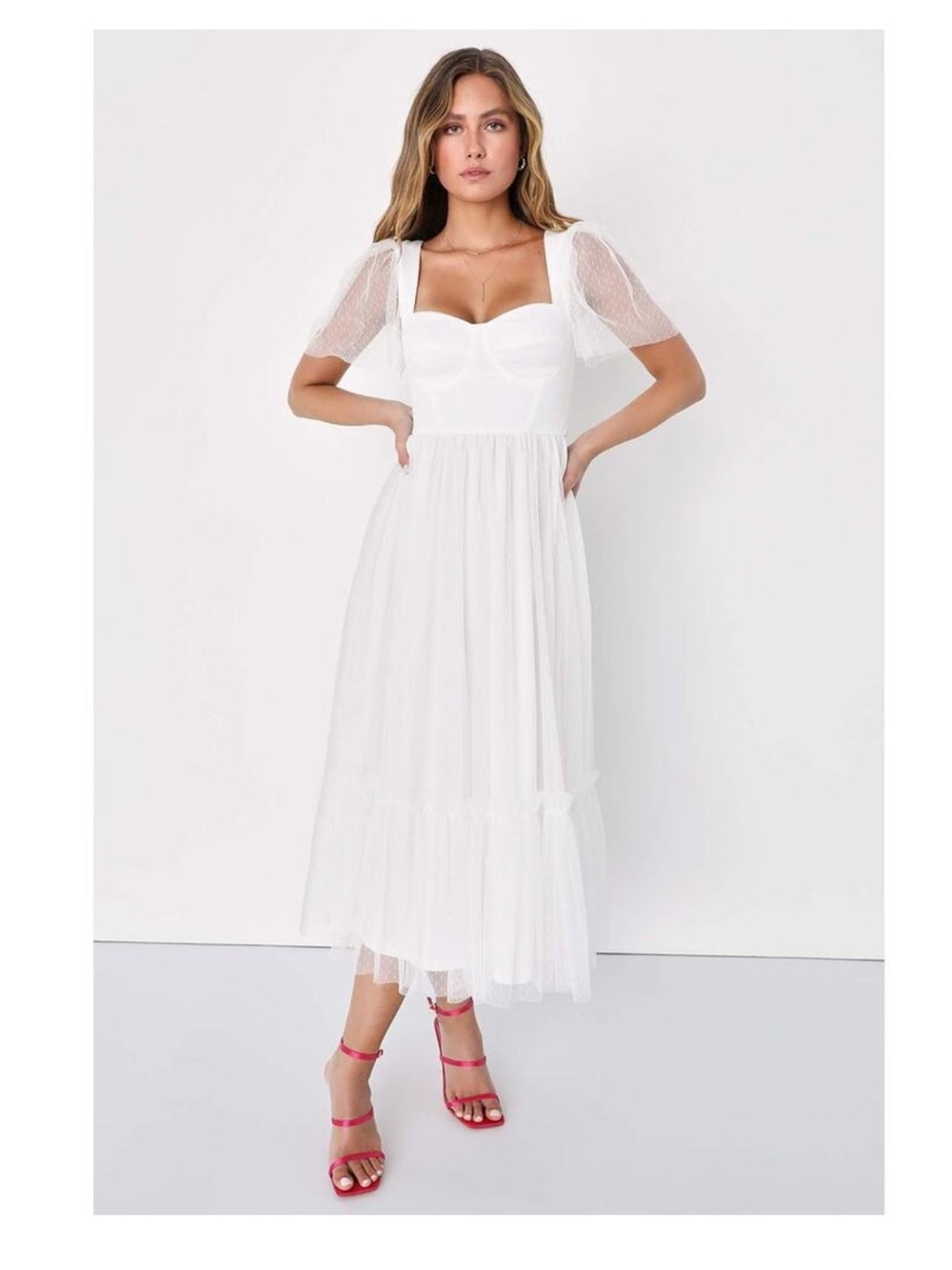Lulus Dreamy Celebration White Tulle Bustier Swiss Dot Midi Dress